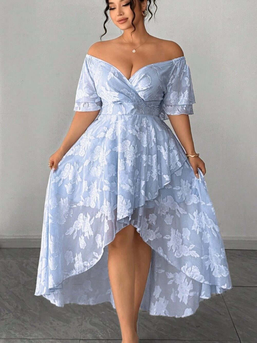 Baby Blue Elegant Women's Plus Size Wedding Guest hi low Maxi Dress - Picture 3 of 8